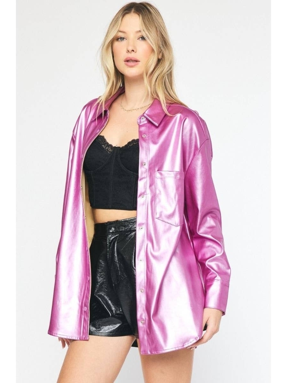 Entro Metallic Pink Shacket Oversized Button Down Shirt Jacket Statement Layer L